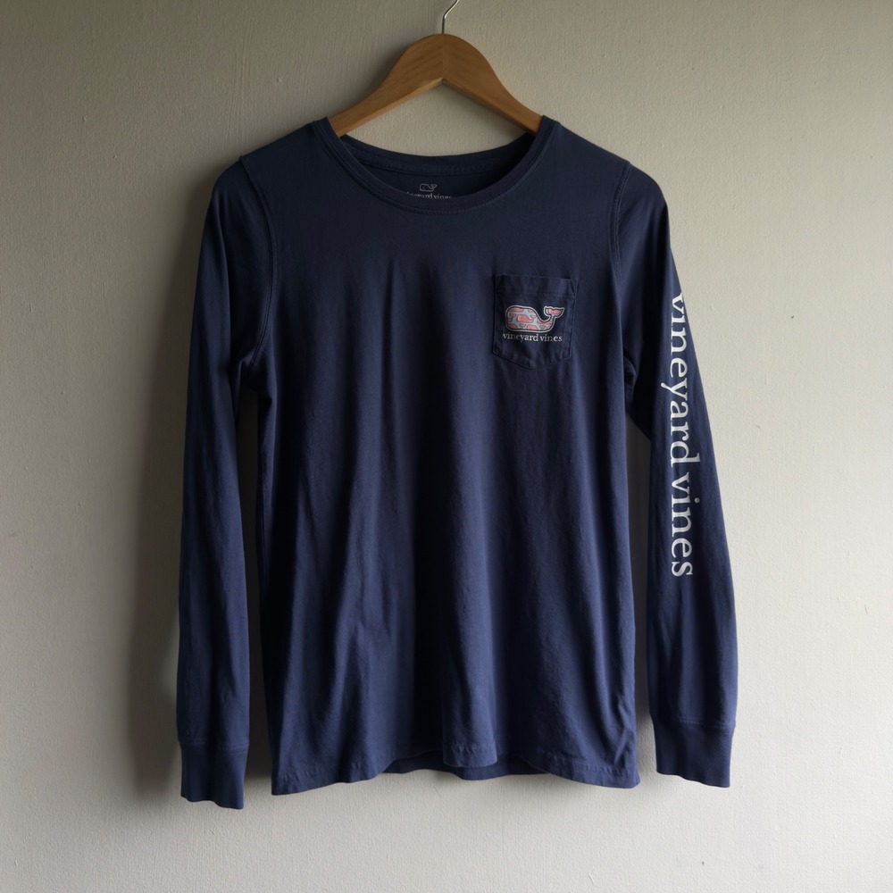 Vineyard Vines Blue Long Sleeve Whale Graphic Pocket Tee Women Small Preppy